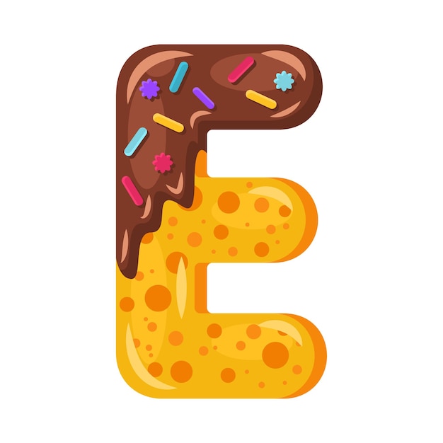 Donut cartoon E brief vectorillustratie. Biscuit vet lettertype. Geglazuurde hoofdletter met glazuur. Verleidelijke platte ontwerptypografie. Koekjes, chocolade alfabet. Gebak, bakkerij geïsoleerde clipart