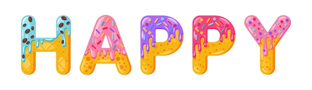 Donut cartoon gelukkig koekje vet lettertype. Geglazuurde hoofdletters. Verleidelijke platte ontwerptypografie. Koekjes, chocoladeletters. Witte achtergrond. Gebak, bakkerij, wafel geïsoleerde vector clipart