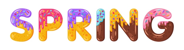 Donut cartoon lente koekje vet lettertype. Geglazuurde hoofdletters. Verleidelijke platte ontwerptypografie. Koekjes, chocoladeletters. Witte achtergrond. Gebak, bakkerij, wafel geïsoleerde vector clipart