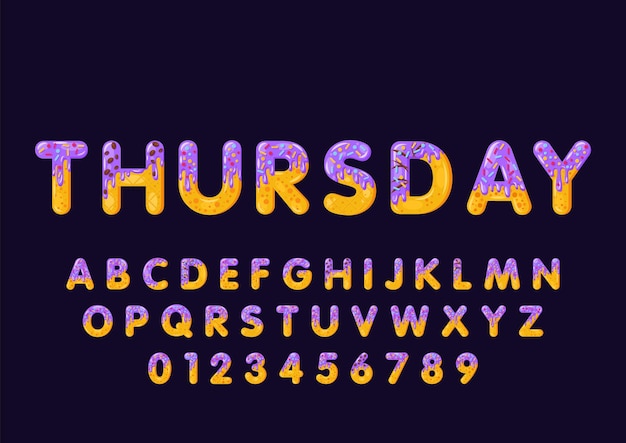 Donut cartoon thursday biscuit bold font style Glazed capital letters alphabet number Tempting flat design typography Cookies letters Dark violet background Pastry isolated vector clipart