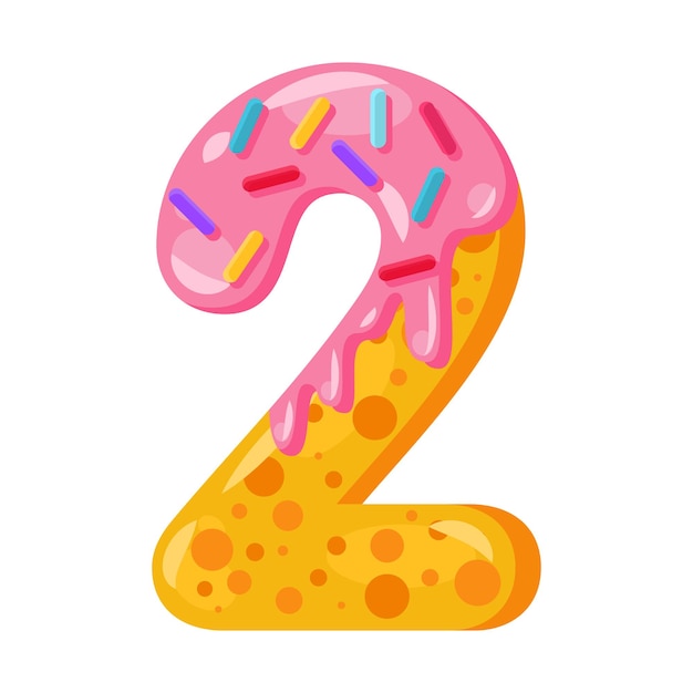 Donut cartoon twee nummer vectorillustratie. Biscuit-lettertype. Geglazuurd vet symbool met slagroom. Verleidelijke platte ontwerptypografie. Koekjes, wafel wiskunde teken. Gebak, bakkerij geïsoleerde clipart