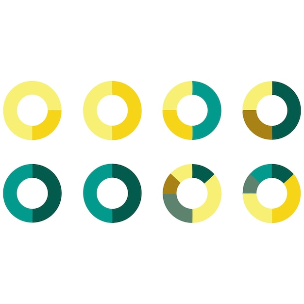 Donut Chart Set With Teal Yellow Segments On White Background Round Graph Diagram
