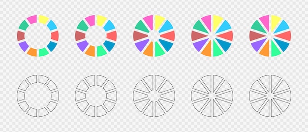 Donut charts divided in 10 multicolored and graphic sections Circle diagrams or loading bars