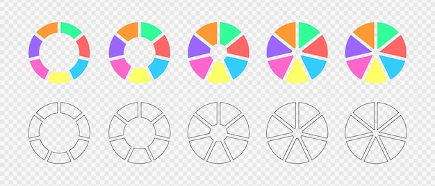 7 つの多色およびグラフィック セグメントに分割されたドーナツ グラフ インフォ グラフィック ホイール セット