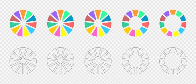 Donut charts set Infographic wheels divided in 11 multicolored and graphic sections Circle diagrams