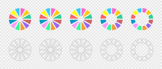 Set di grafici a ciambella ruote infografiche suddivise in 12 sezioni multicolori e grafiche