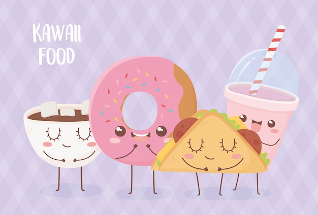 Donut chocolate cup donut taco smoothie kawaii food cartoon character design