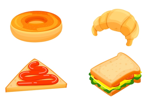 벡터 도넛, 크루아상, 샌드위치, 잼 토스트. 아침 식사를 설정합니다. 베이커리 제품. 만화 스타일의 아이콘입니다. 고립 된 개체입니다.