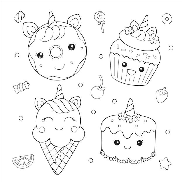 Vector donut cupcake ice cream cake unicorn dessert coloring doodle illustration