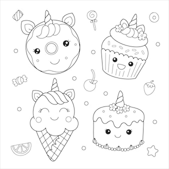 Пончик кекс мороженое торт единорог десерт раскраски каракули иллюстрации