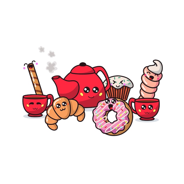 Donut, cupcake, zoete gebakjes, croissant met een grappige rode theepot en twee mokken.