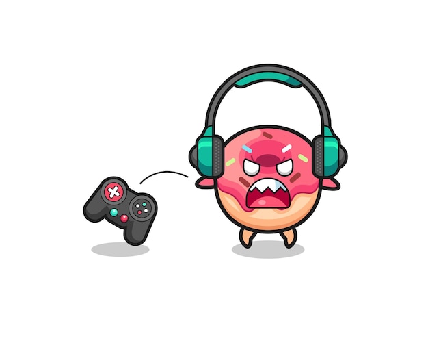 Donut gamer-mascotte is boos schattig ontwerp