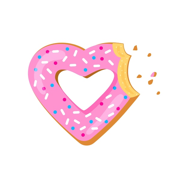핑크 유약 달콤한 음식 발렌타인 만화 도넛에 대 한 도넛 심장 물린 벡터 아이콘