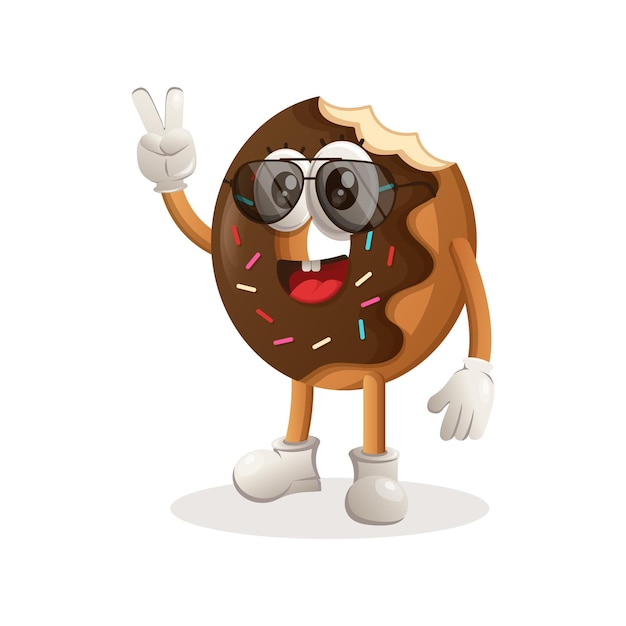 Donut mascot design with peace hand wearing sunglasses