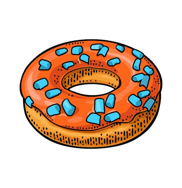 Donut met rode suikerglazuur en cyaan hagelslag Vector kleur vlakke afbeelding voor poster en menu bakkerij winkel geïsoleerd op zwart schoolbord met vintage wit krijt gravure ray belettering zeepbel