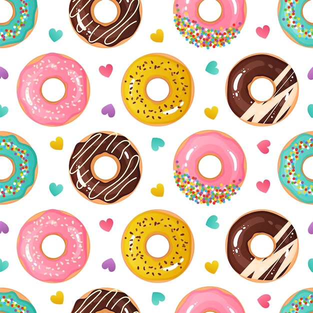 Donut patroon Naadloze textuur van zoete desserts Smakelijke donuts Cartoon geglazuurde zoetwaren en kleurrijke hart confetti Lekker eten Schattig inpakpapier sjabloon Vector achtergrond