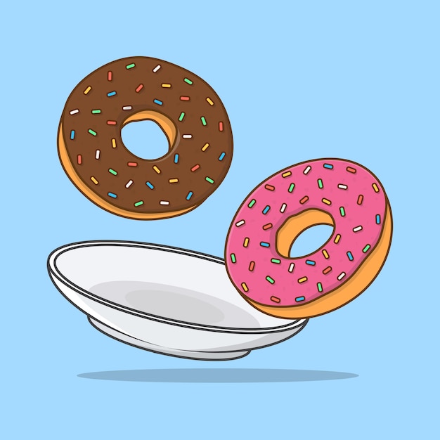 Ciambella su una piastra cartoon illustrazione vettoriale flying donut icona piatta contorno