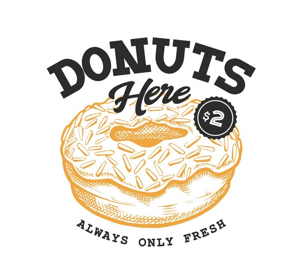 Donut Retro embleem. Logo sjabloon met zwarte letters en gele donut schets. Eps10 vectorillustratie.