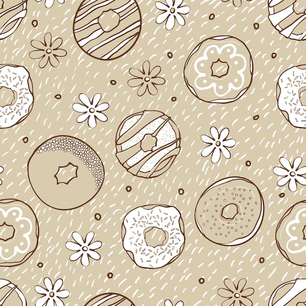 Бесшовный узор из пончиков Различные мультяшные пончики и цветочная векторная иллюстрация каракулей