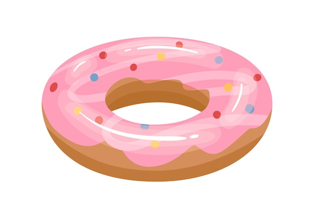 Donut-shaped inflatable rubber ring for fun and swimming in water. Glazed doughnut toy for pool and sea. Flat vector illustration of childish funny item isolated on white background.