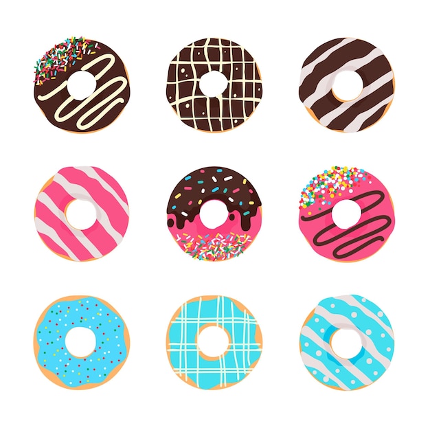Donut vector cirkel donuts met kleurrijke gaten bedekt met heerlijke chocolade.