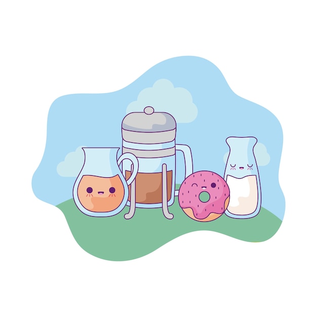 Donut with set food in landscape kawaii style