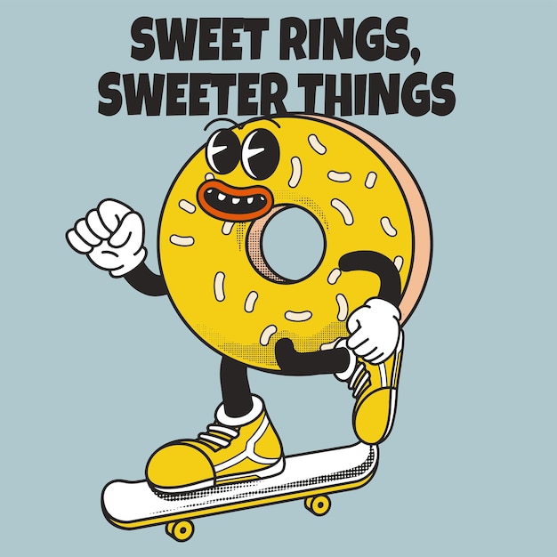 Donuts Character Design With Slogan Sweet rings sweeter things