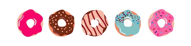 Vector donuts in colorfull glaze decorated with sprinkles and chocolate