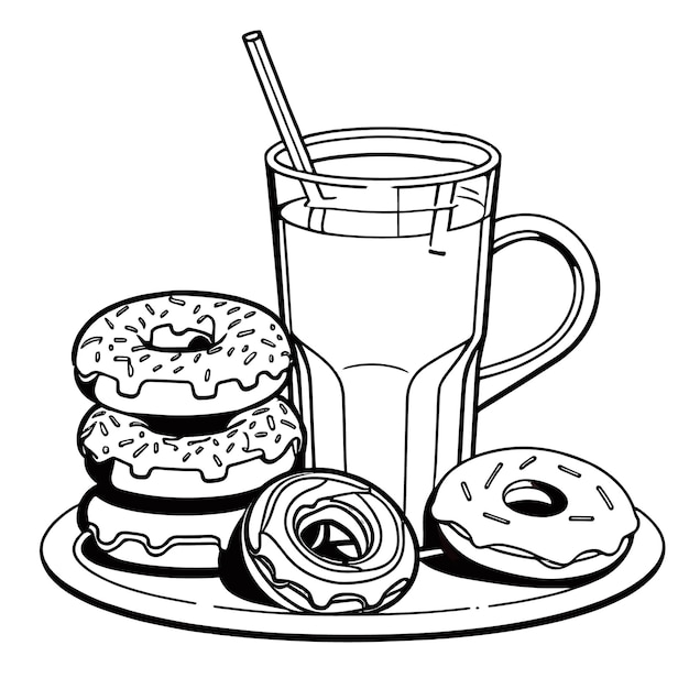 donuts and drink outline coloring page illustration for children and adult