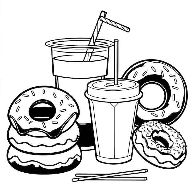 donuts and drink outline coloring page illustration for children and adult