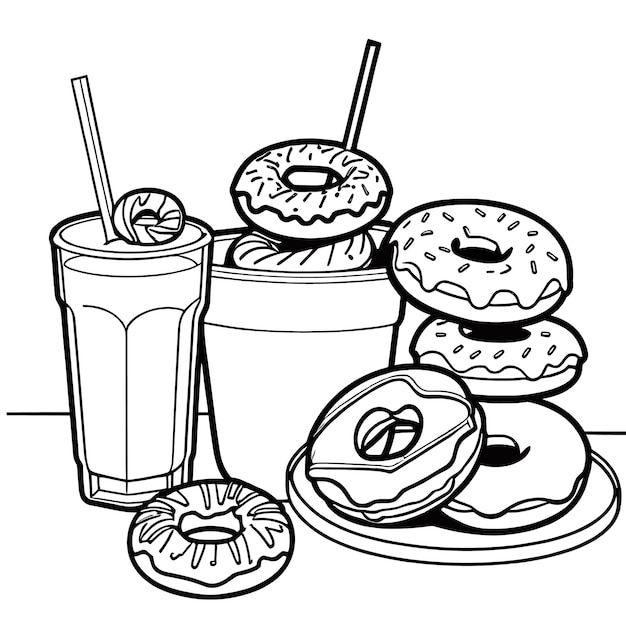 donuts and drink outline coloring page illustration for children and adult