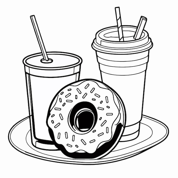 donuts en drank outline kleurpagina illustratie voor kinderen en volwassenen