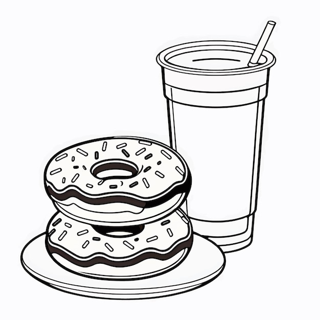 donuts en drank outline kleurpagina illustratie voor kinderen en volwassenen