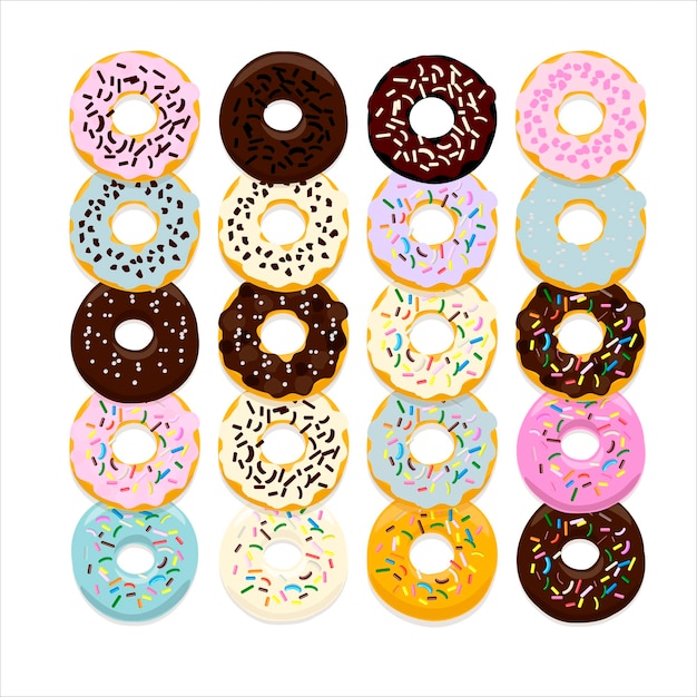 Donuts illustration set with colorful glaze and sprinkles