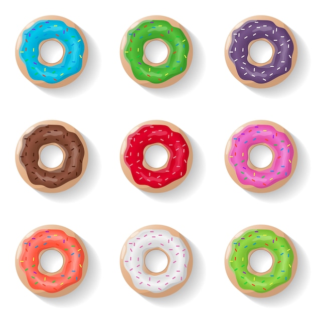 Donuts instellen geïsoleerde achtergrond in realistische stijl Kleur geglazuurde donuts Vectorillustratie