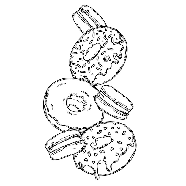 Vector donuts macarons sketch graphic set draft silhouette drawing glazed donuts line art for coloring book