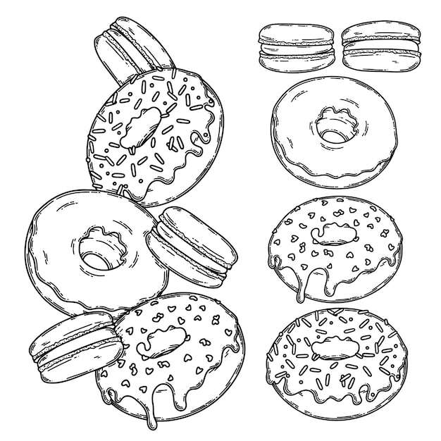 Vector donuts and macarons sketch graphic set illustration draft silhouette glazed donuts for coloring book