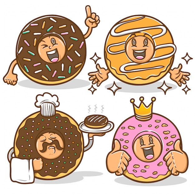 Donuts mascotte karakter schattige emoticon sticker set