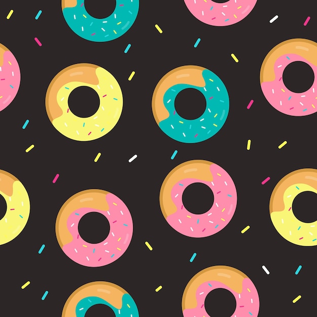 Vector donuts met gekleurde room op een donkere achtergrond. naadloze vectorillustratie voor ontwerp.