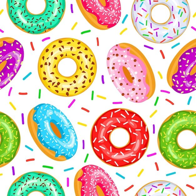 Donuts naadloos patroon voor stof, inpakpapier, behang, achtergrond voor de site. Een patroon van heldere, veelkleurige donuts in glazuur op een witte achtergrond.