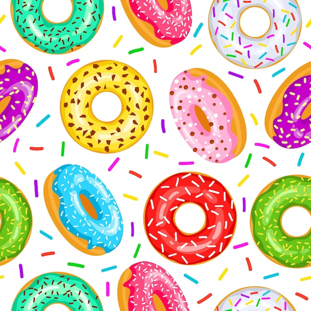 Donuts seamless pattern for fabric, wrapping paper, wallpaper, background for the site. a pattern of bright, multi colored donuts in glaze on a white background.