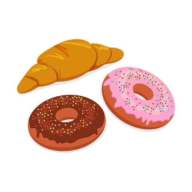 글레이즈와 컬러 스프링클이 있는 도넛과 플랫 스타일의 크루아상 벡터 음식 삽화