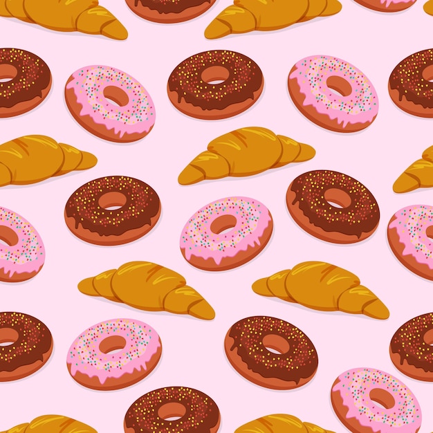 Donuts with glaze and sprinkles and croissants seamless pattern vector food illustration flat