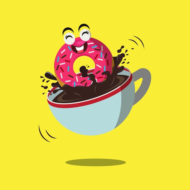 Vector donuts with mouth and eyes character and a cup of dark chocolate vector illustration