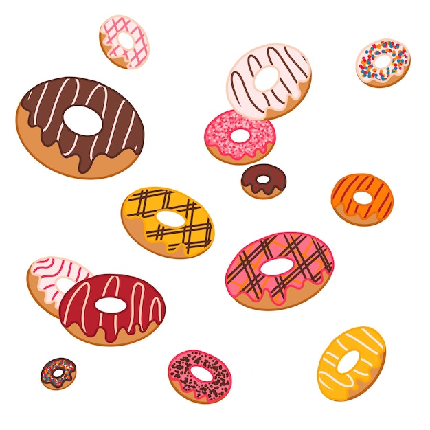 Donuts zwevend in de lucht op een witte achtergrond Ontwerpelement voor posterlabel Vectorillustratie