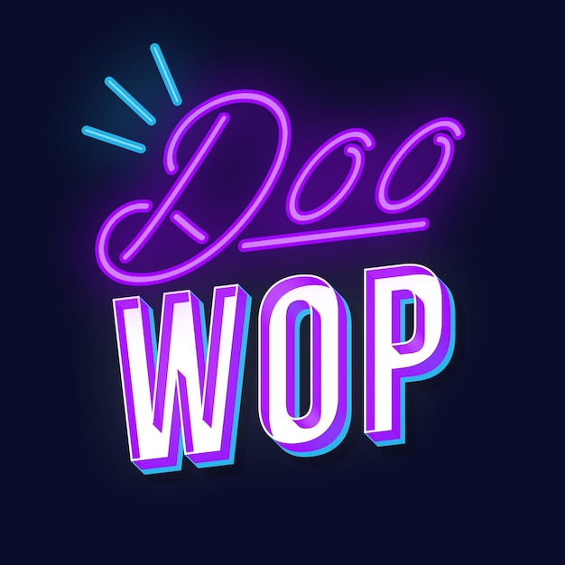 Doo wop vintage 3d vector lettering. Retro music party bold font, typeface. Pop art stylized text. Old school style neon light letters. 90s, 80s poster, banner. Dark violet color background