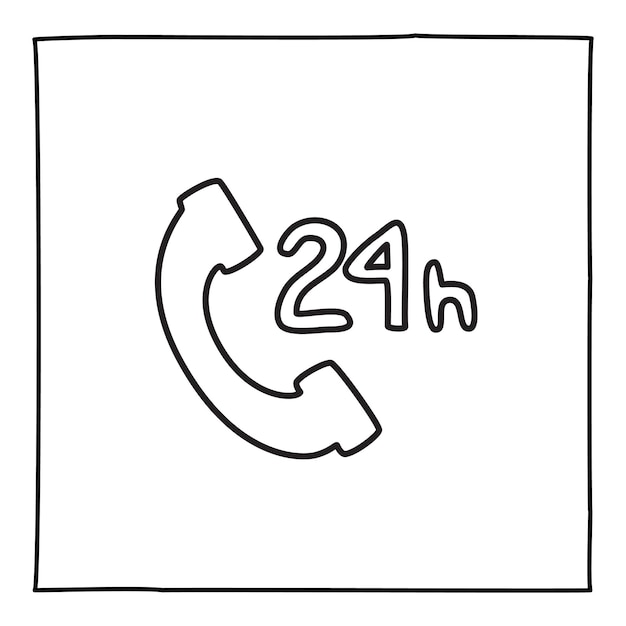 Doodle 24 uur service telefoongesprek icoon, hand getekend met dunne zwarte lijn