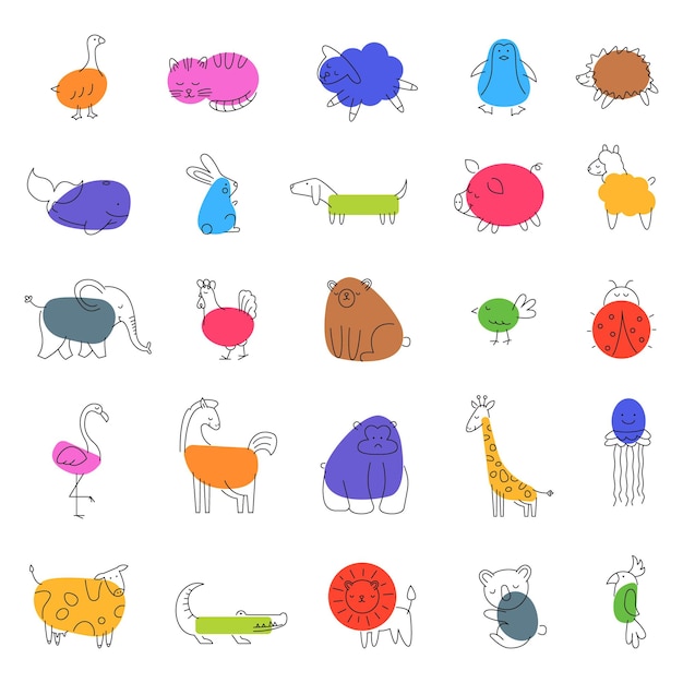 Doodle abstracte dieren set Leuke cartoon dunne lijn dieren voor kinderen onderwijs