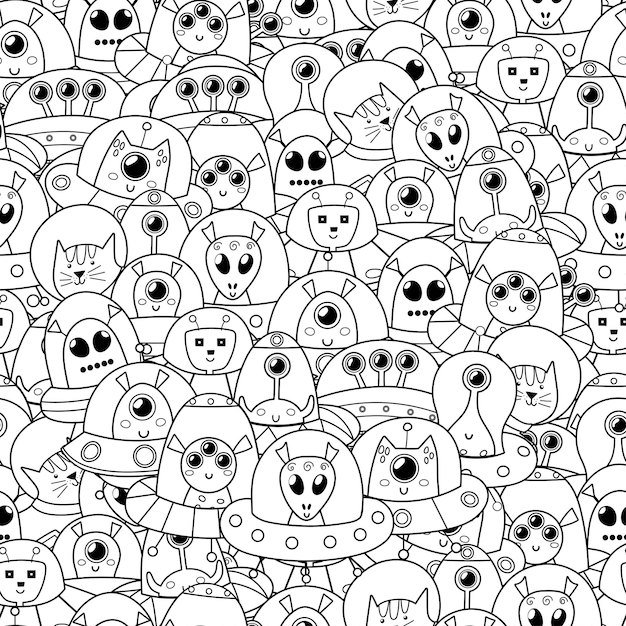 Doodle aliens seamless pattern. space black and white coloring page for adult and kids with cute ufo