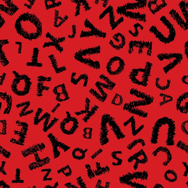 Бесшовный фон с алфавитом каракули. бесконечный векторный образец с черными буквами на красном фоне.